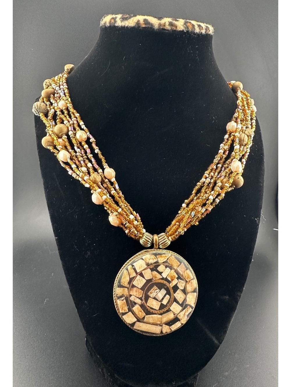 Vintage Multi-Strand Beaded Necklace with Large Mosaic Style